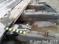 Double-frame construction of the Johnson with square nails securing the hull planking.